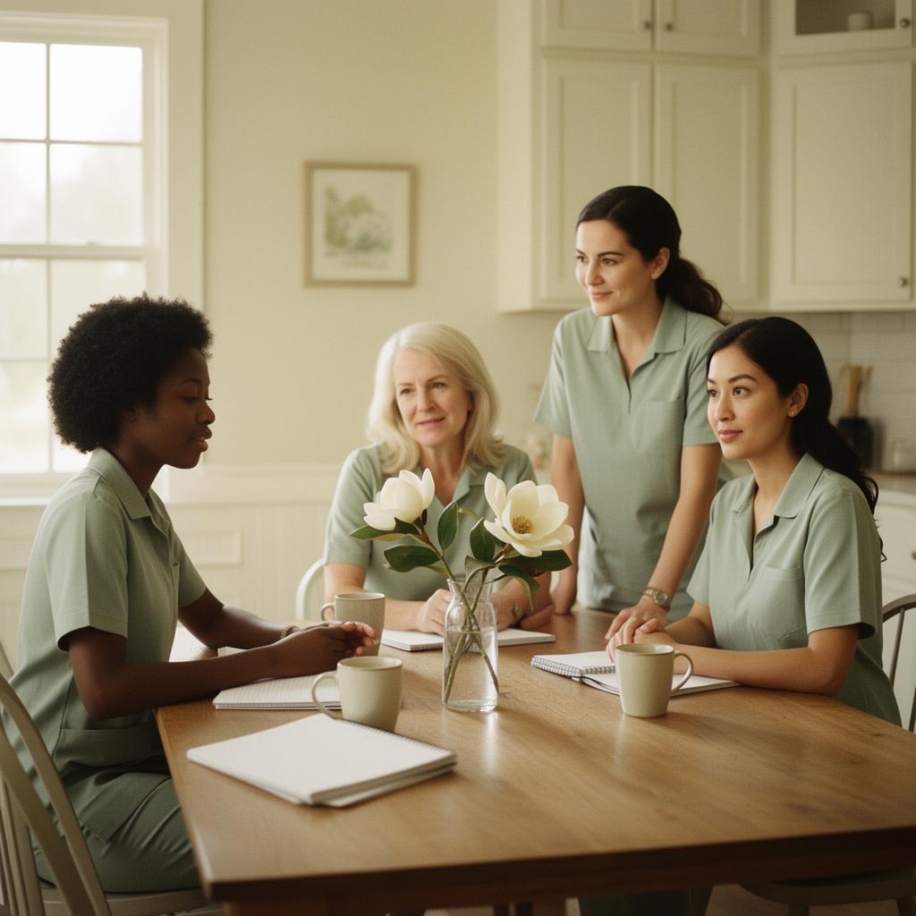A caregiver and senior standing together in a sunlit room
