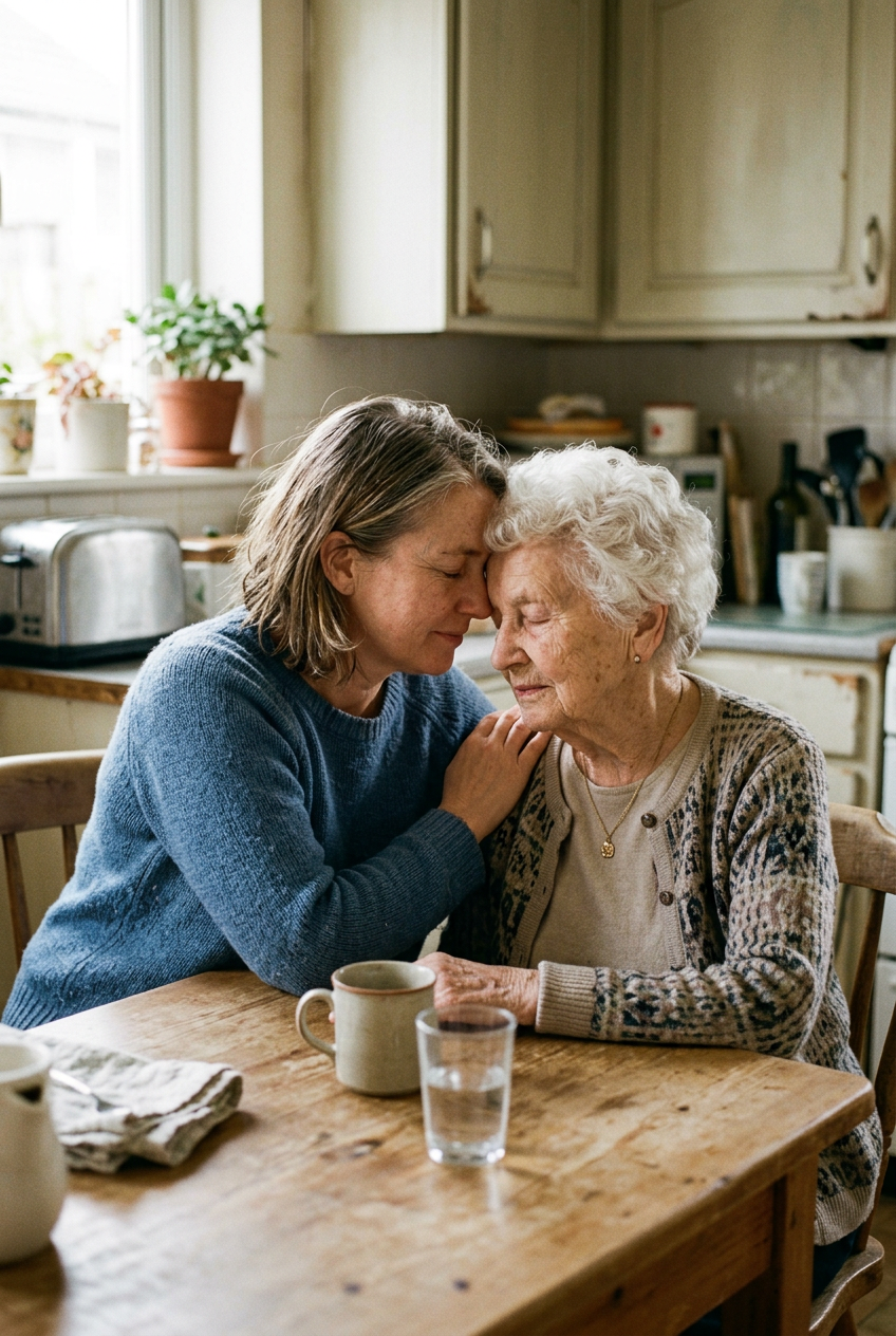 A family member embracing a caregiver in a warm welcoming hug at the front door