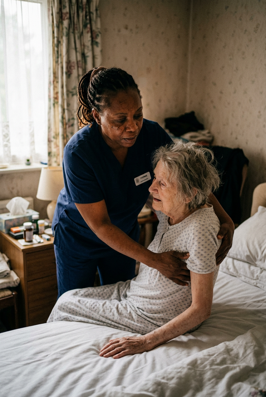 Close-up of a caregiver's hands gently holding the hands of a senior