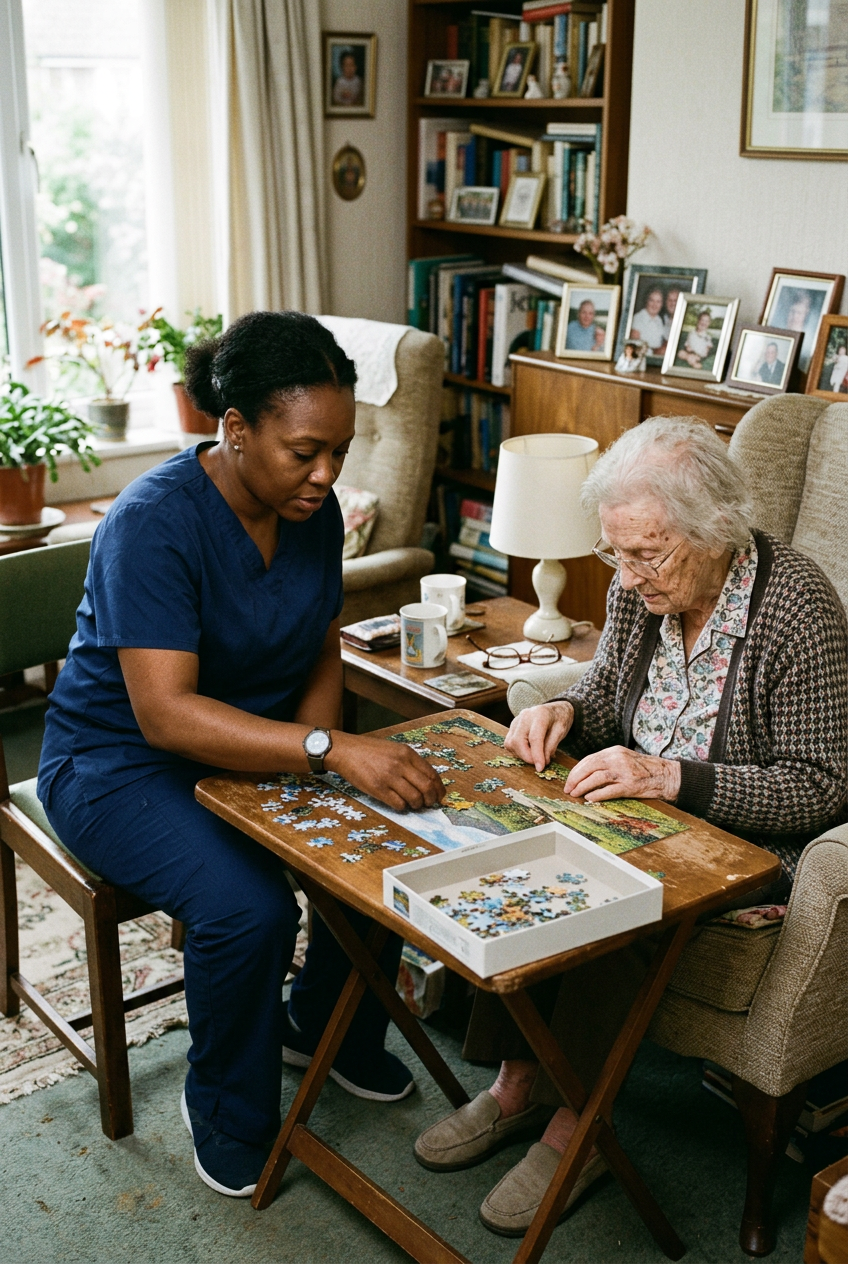 A caregiver and a senior looking through an old photo album together