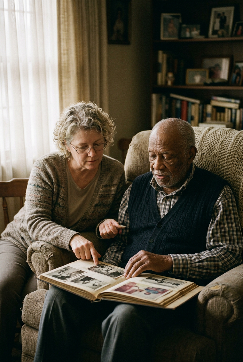 A caregiver and senior walking together along a sunlit path outdoors