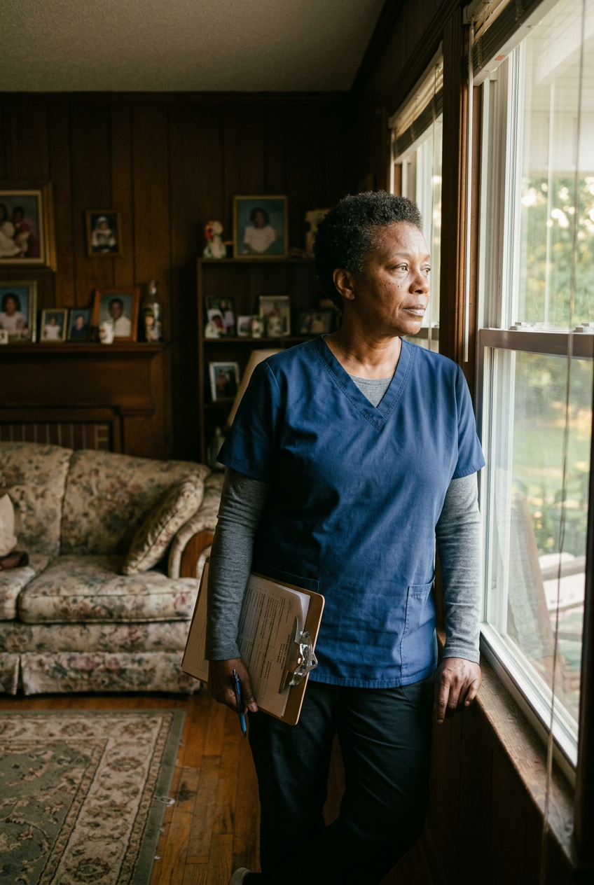 A caregiver and senior together in a warm, comforting moment