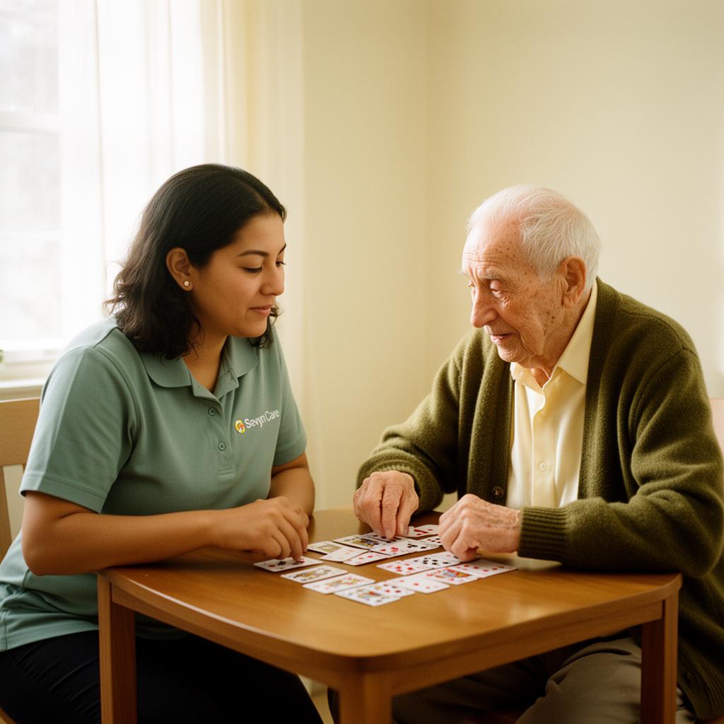 A caregiver and senior together in a warm, comforting moment
