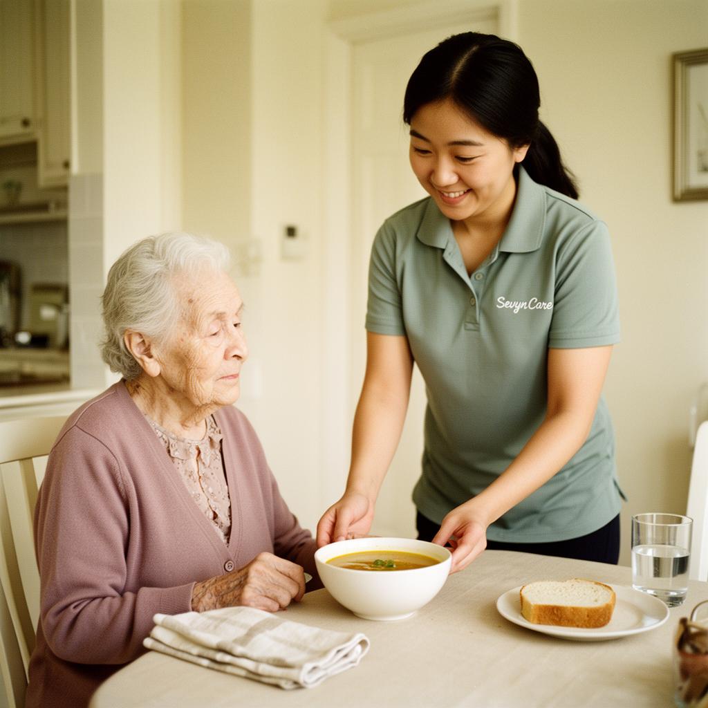 A caregiver and senior together in a warm, comforting moment