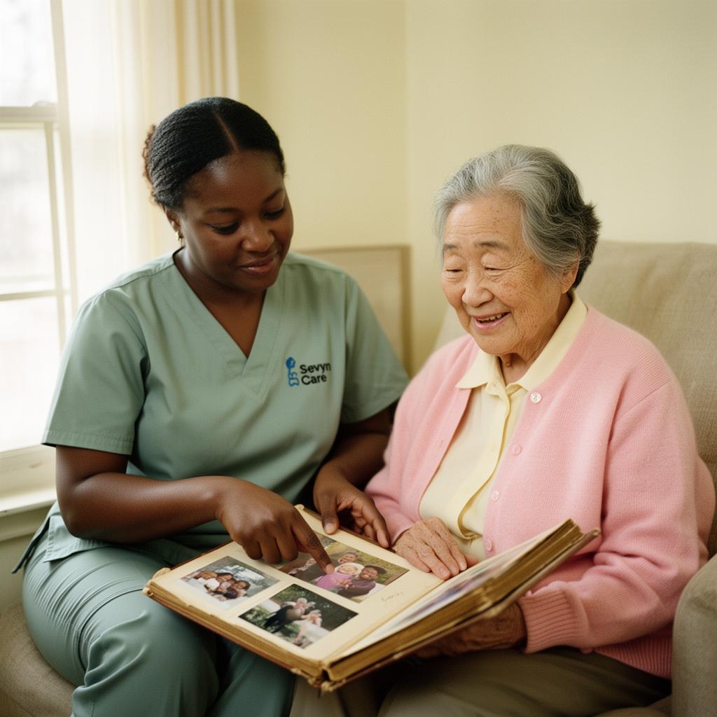 A caregiver sitting calmly with a senior, sharing a tender moment of attentive presence