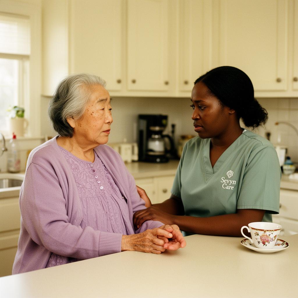 A caregiver and senior together in a warm, comforting moment