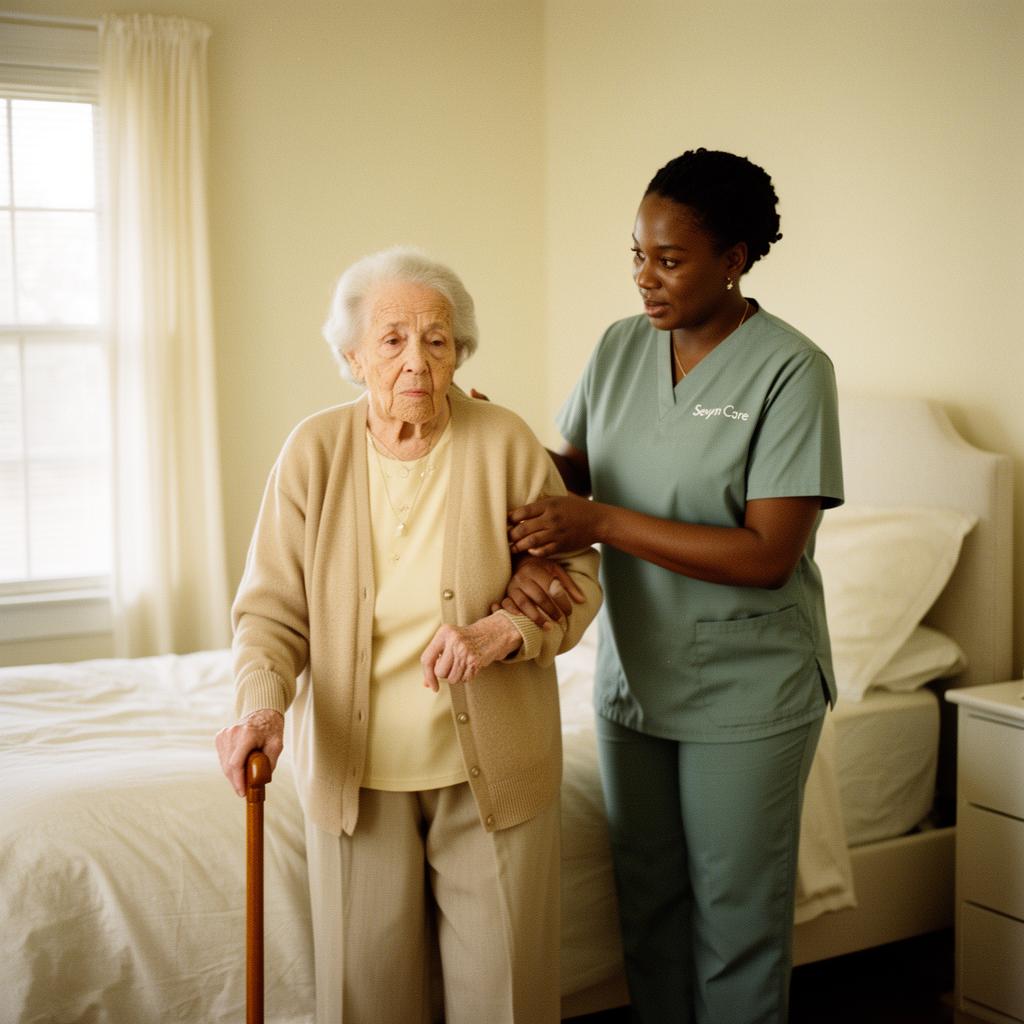 A caregiver and senior together in a warm, comforting moment