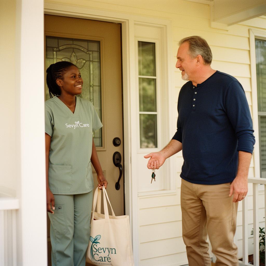 A caregiver and senior together in a warm, comforting moment