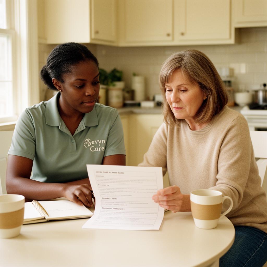 A caregiver and senior together in a warm, comforting moment