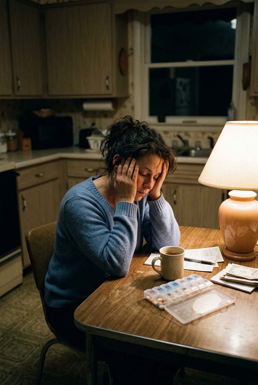 A tired caregiver resting their head in their hands