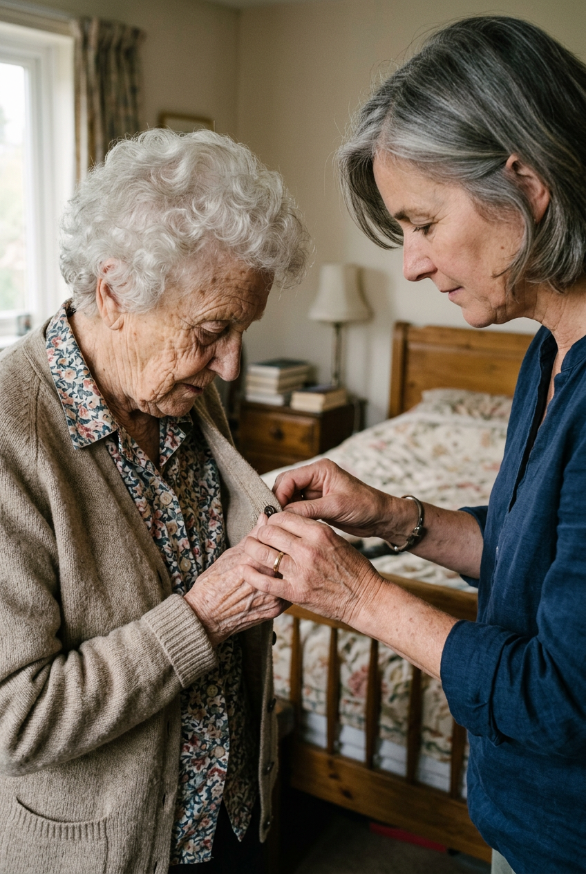 Adult daughter having a gentle conversation with her mother