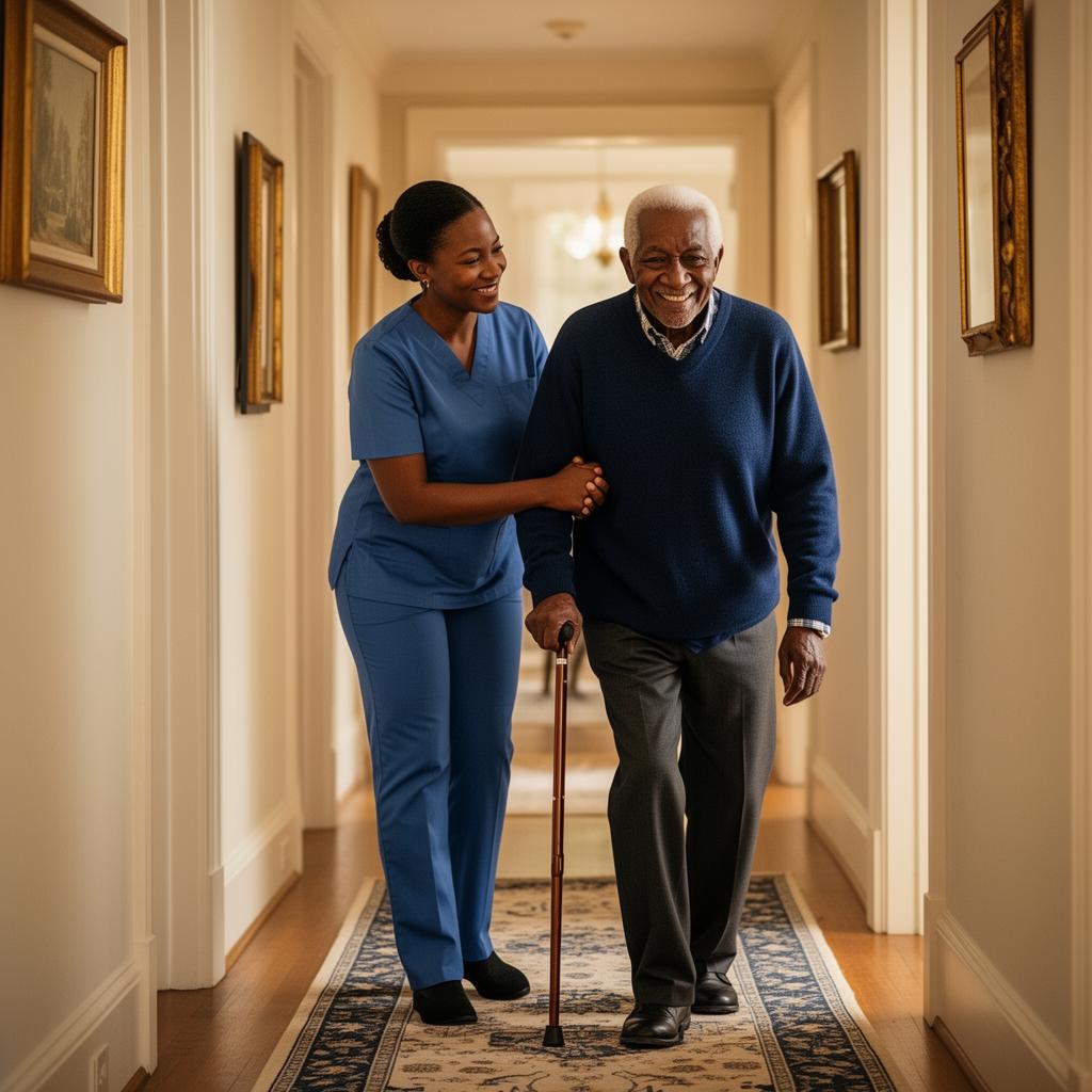 A caregiver gently supporting a senior at home