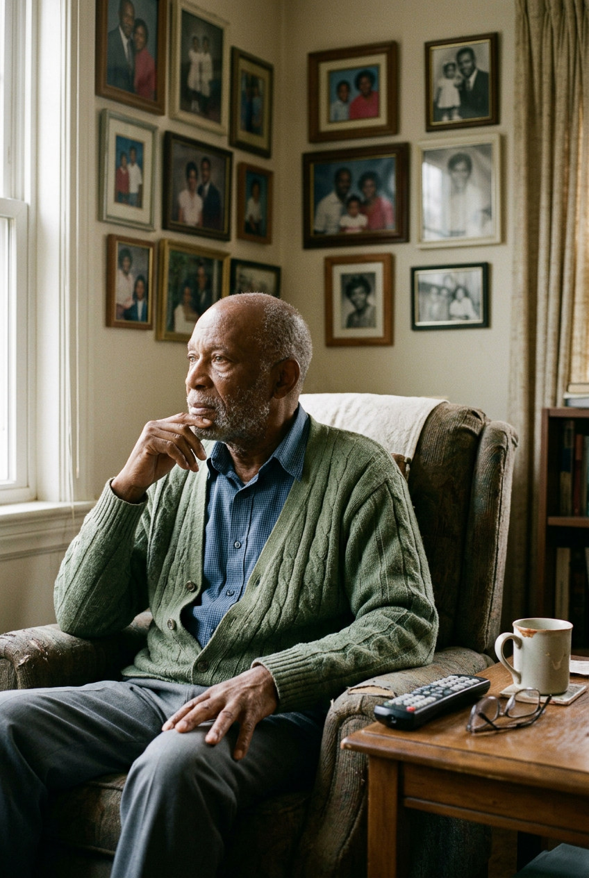 An older person sitting alone by a sunlit window