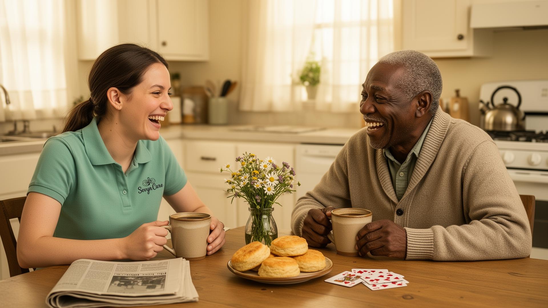 A caregiver and senior at a kitchen table