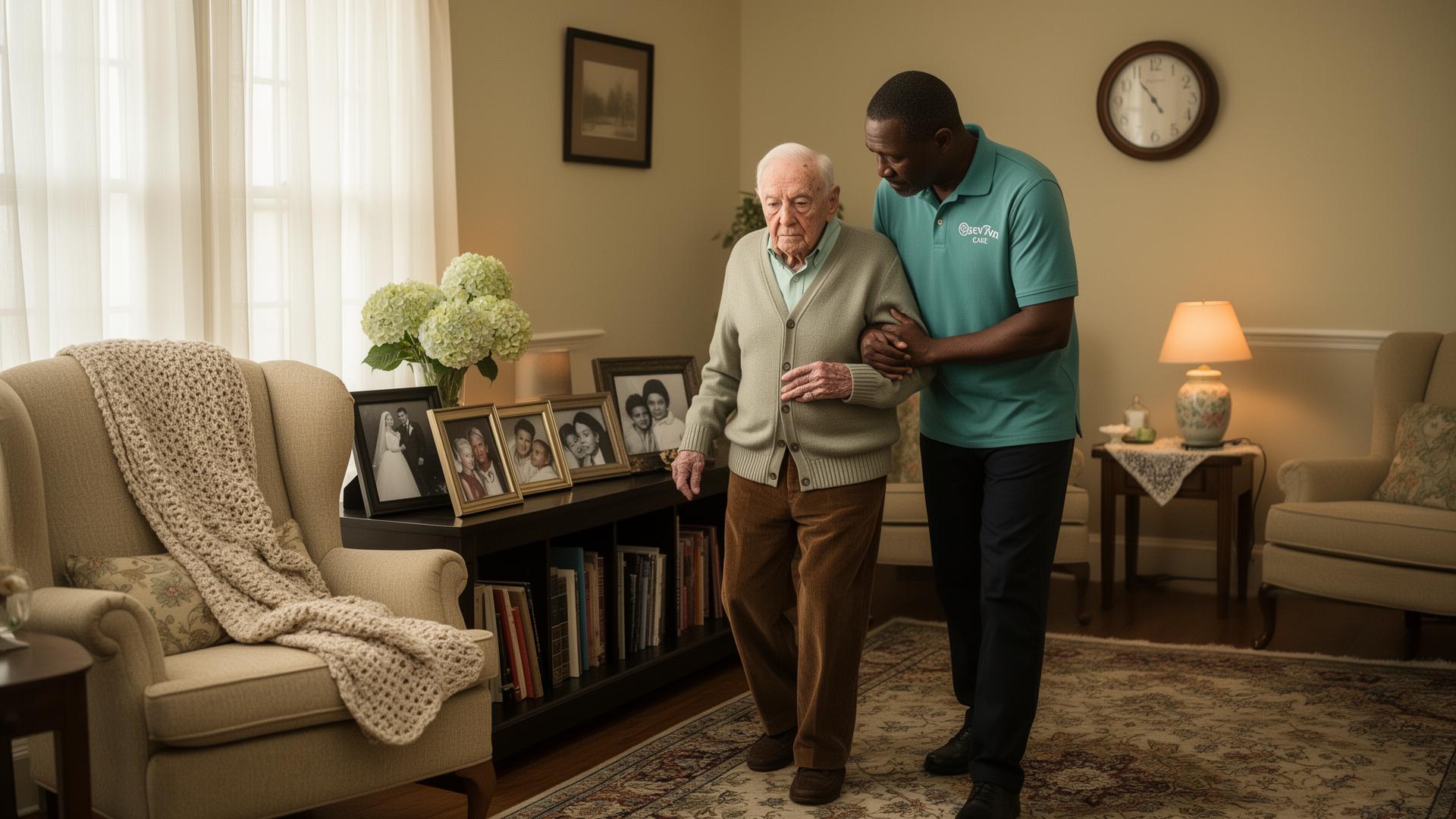 A caregiver holding the hand of an elderly person