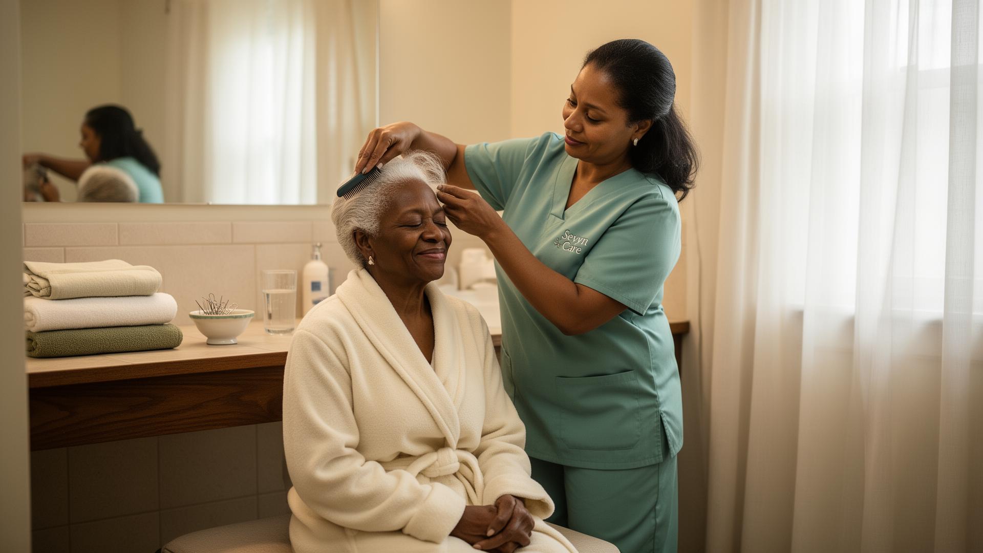 A caregiver gently helping an elderly woman with her hair