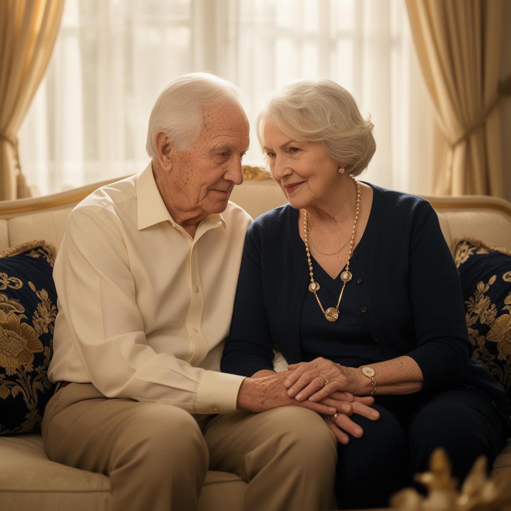 An older couple holding hands on a quiet bench