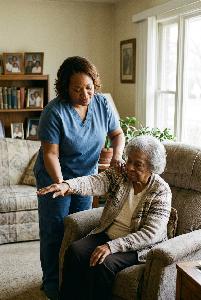 Caregiver assisting a senior with standing up and walking