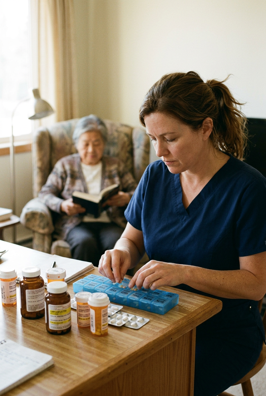 Caregiver sitting closely with a senior offering focused, attentive support